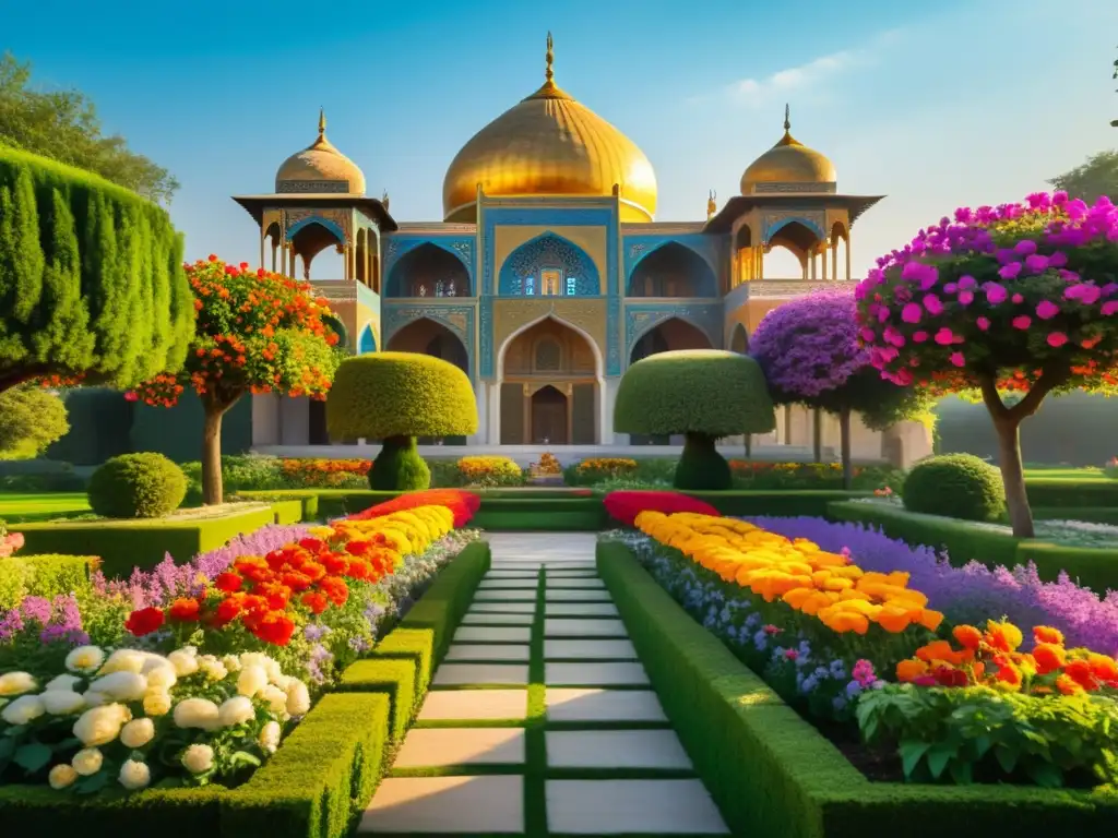 Jardín sereno con flores vibrantes y arquitectura persa antigua, exudando una belleza lírica poesía Hafiz en su atmósfera etérea