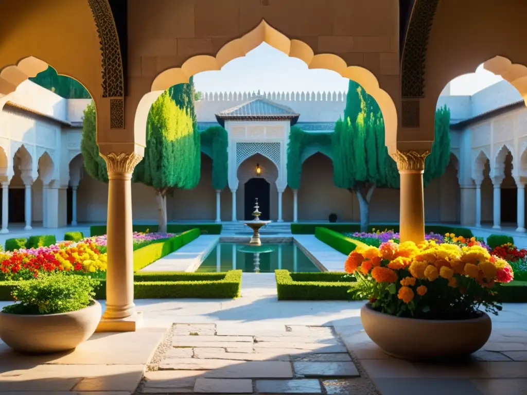 Jardín sereno en Shiraz, Irán, con flores vibrantes, fuente de mármol y atmósfera de belleza lírica poesía Hafiz