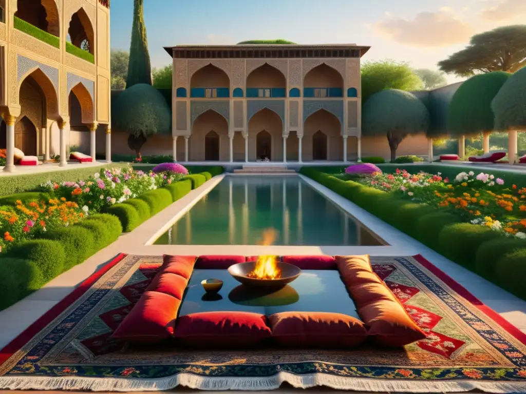 Jardín persa sereno con poetas y palacio antiguo Un jardín persa sereno con poetas discutiendo, rodeados de naturaleza exuberante y una antigua mansión persa