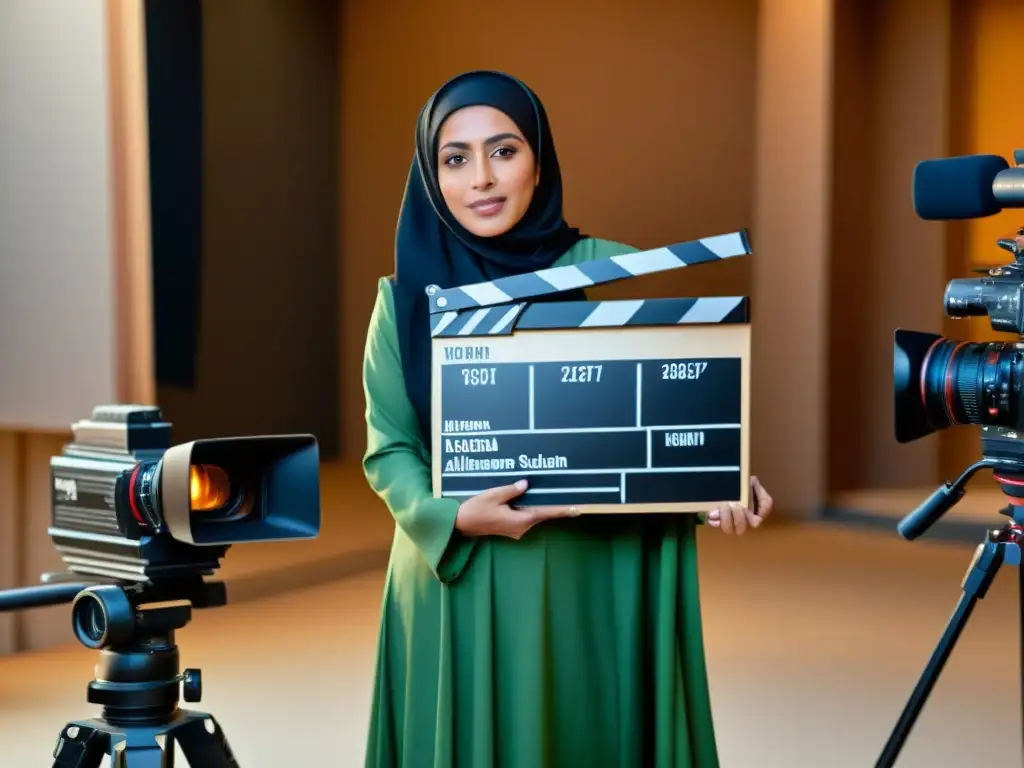 Haifaa AlMansour dirige con determinación un set de filmación, rompiendo estereotipos en la industria fílmica como directora de cine musulmana