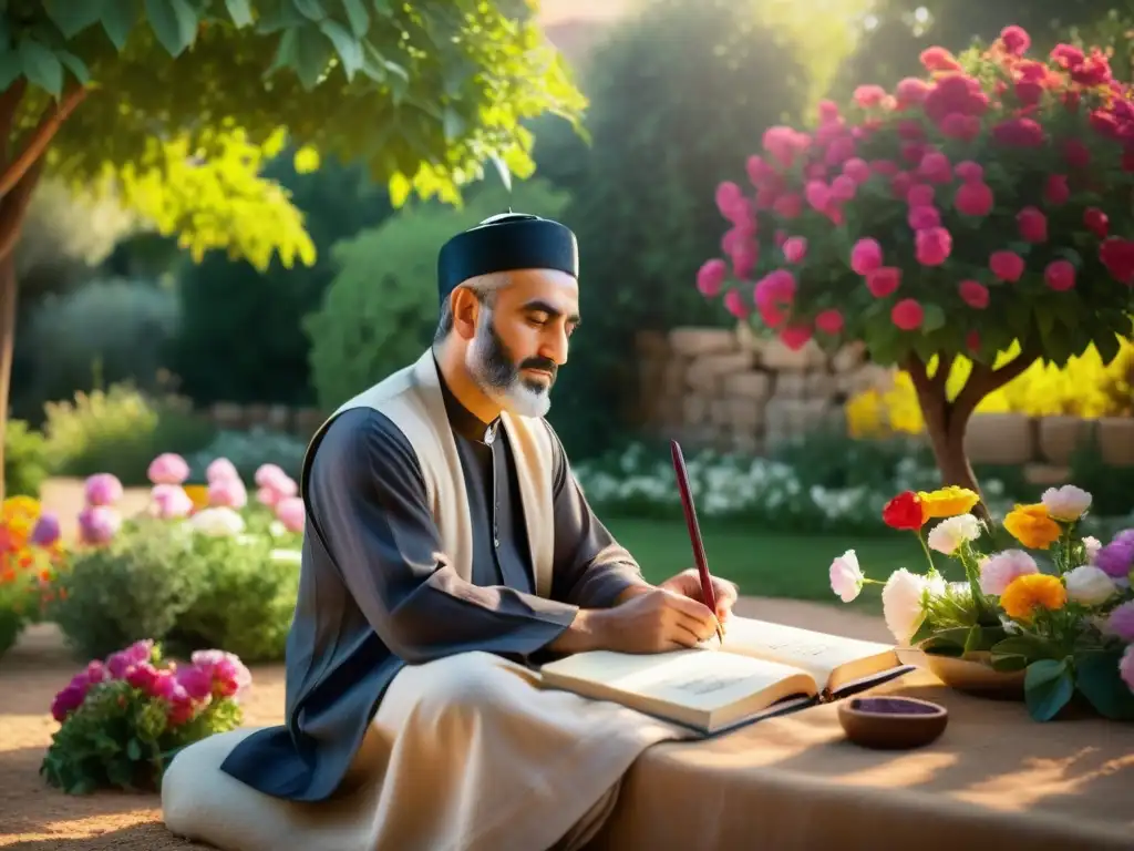 Hafez de Shiraz en un jardín tranquilo, rodeado de flores, escribiendo poesía en un pergamino, iluminado por la suave luz del sol