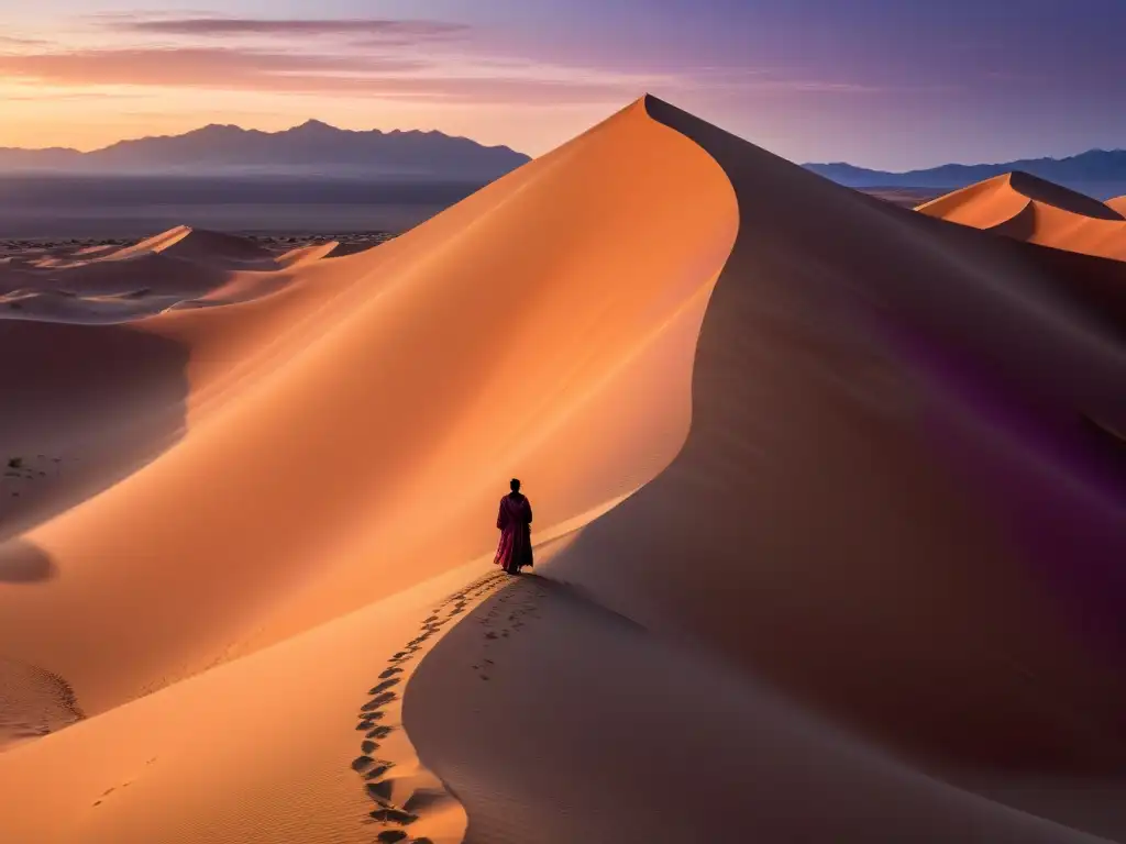 Silueta en la cima de la duna de desierto al atardecer, evocando interpretaciones filosóficas del alma en el Islam