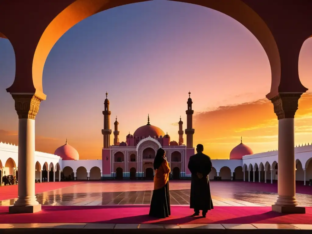 Silueta de fieles musulmanes en mezquita mexicana al atardecer, reflejando la vida cotidiana musulmanes México en una atmósfera serena y vibrante