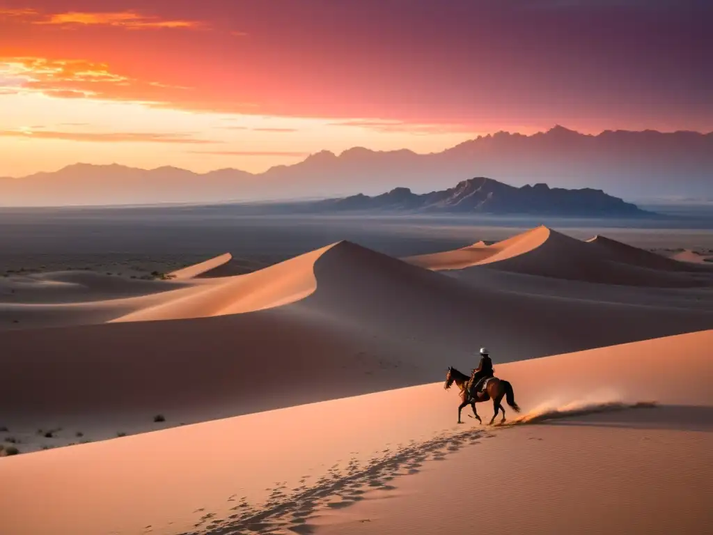 Silueta de poeta árabe en desierto al atardecer, inspirado por la influencia de la poesía preislámica