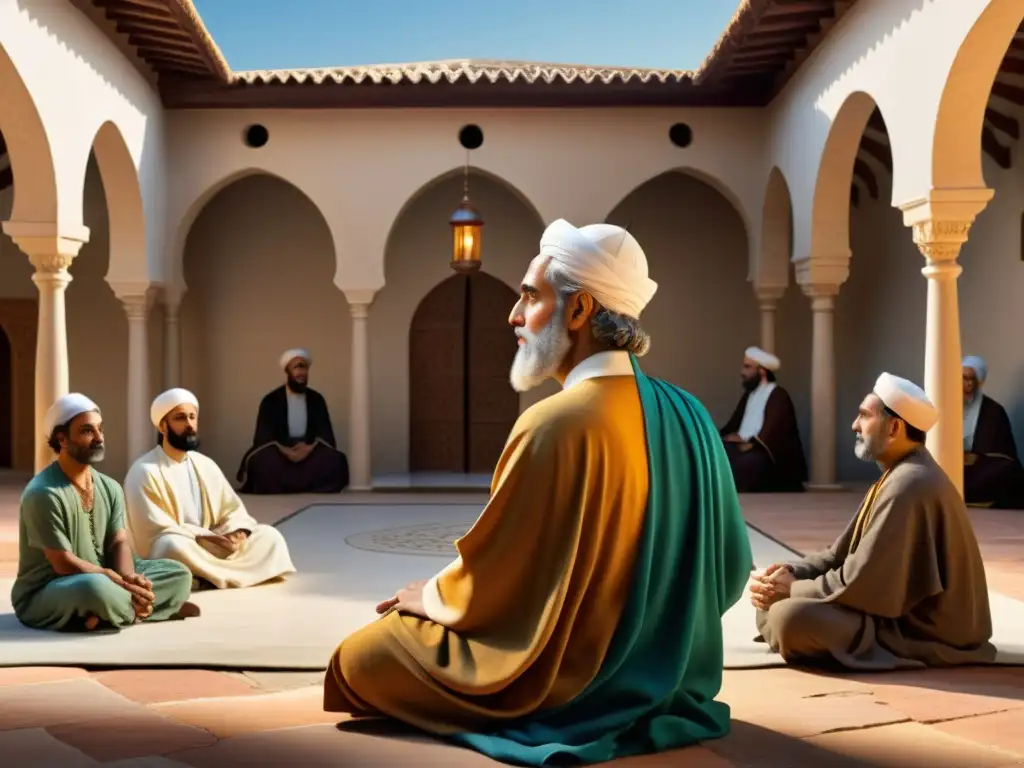 Averroes, símbolo de diálogo interreligioso actual, lidera conversación en un patio soleado y diverso