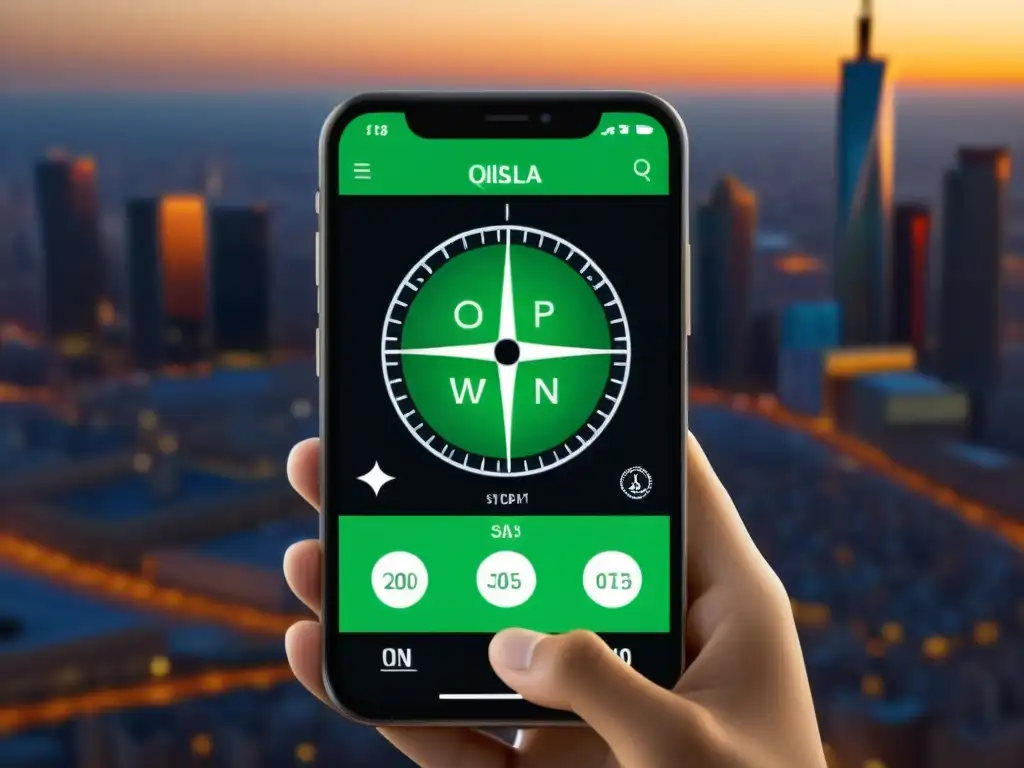 Un smartphone muestra una app de brújula digital Qibla en una ciudad