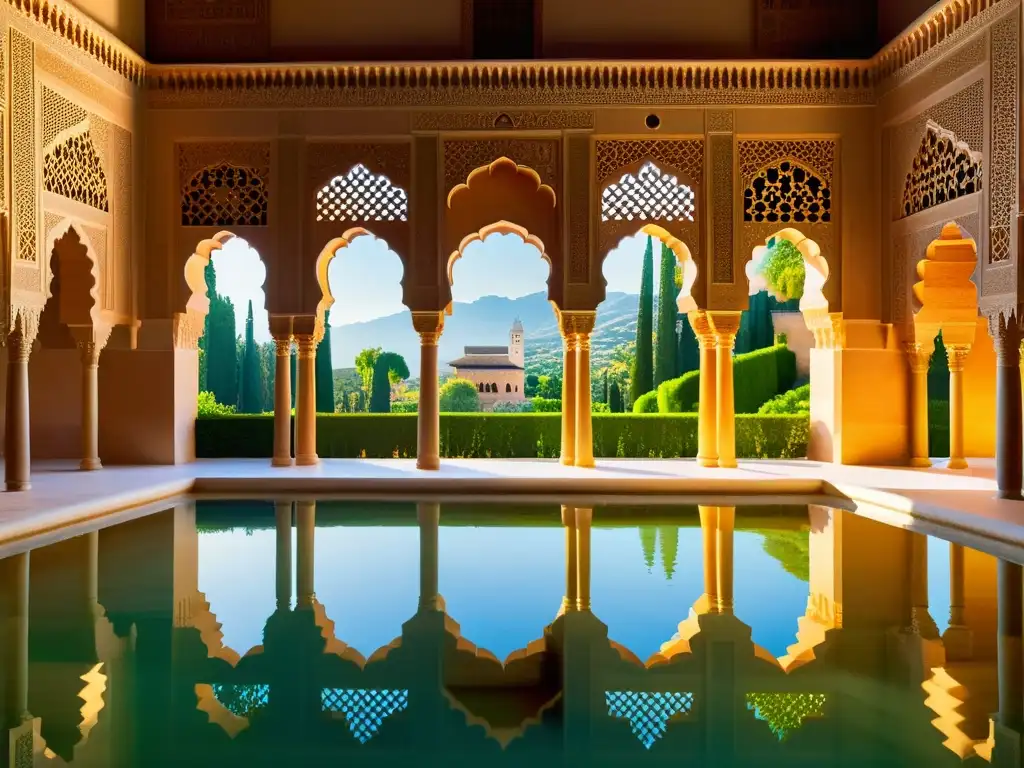 El sol ilumina la Alhambra, con sus detalles arquitectónicos y patrones geométricos, reflejándose en las tranquilas aguas del patio