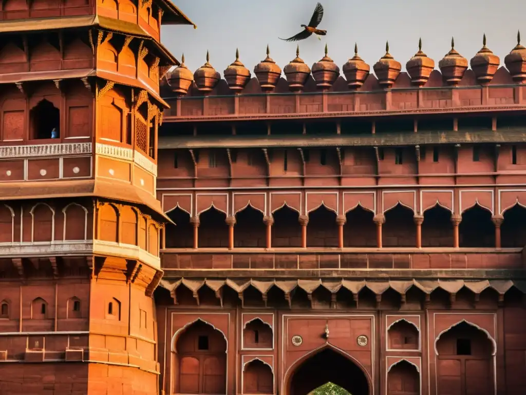 El sol poniente ilumina el majestuoso Fuerte Rojo en Delhi, India, resaltando la influencia islámica en sus intrincadas paredes de arenisca roja