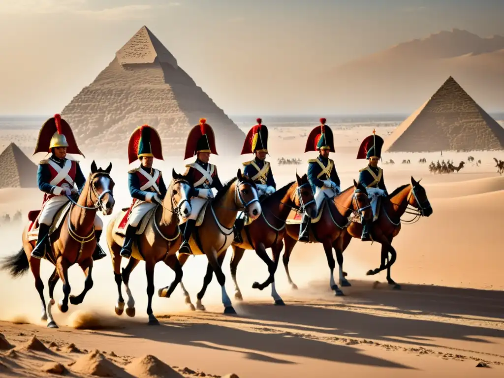 Soldados de Napoleón marchando en el ardiente desierto de Egipto, con pirámides al fondo