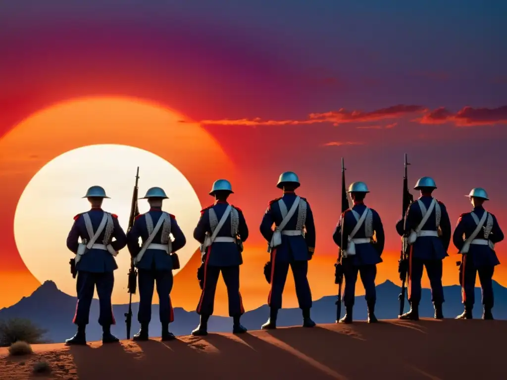 Soldados en formación frente a un atardecer en el desierto, con insignias de la Guerra del Golfo repercusiones mundo islámico