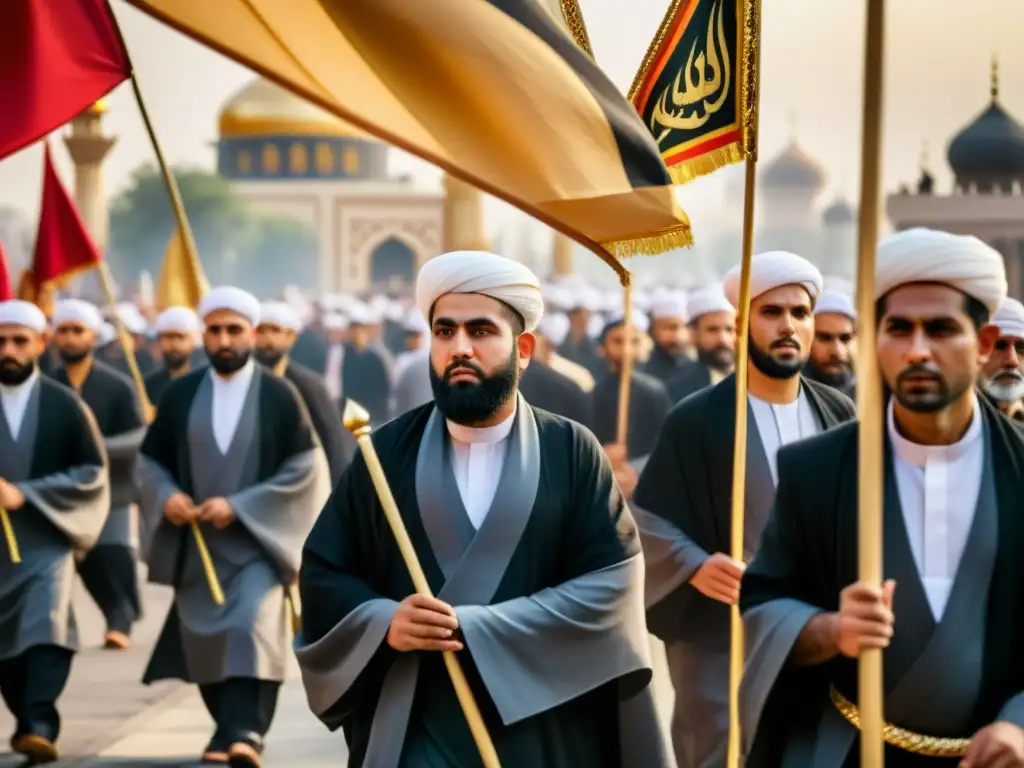 Una procesión solemne en la historia islámica durante la conmemoración de Ashura, en una mezquita histórica con participantes reflexivos