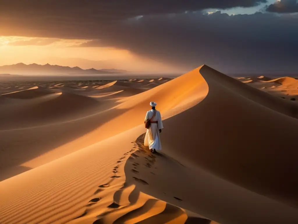 Un solitario Sufi contempla el atardecer en el desierto, capturando la esencia de la espiritualidad islámica y la narrativa sufí