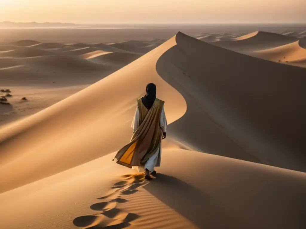 Un solitario figura en el borde de un vasto desierto, envuelto en la poesía de la nostalgia en el Islam