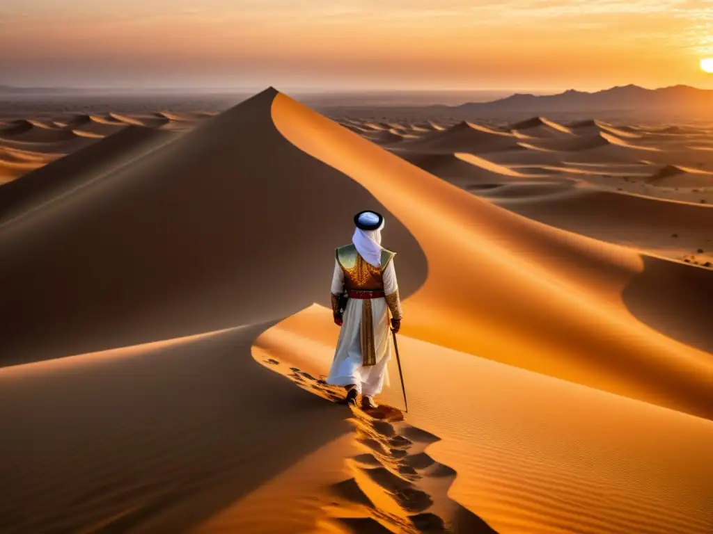 Un solitario caballero árabe con una espada ornamental en un desierto al atardecer, evocando la caballerosidad árabe en poesía y prosa