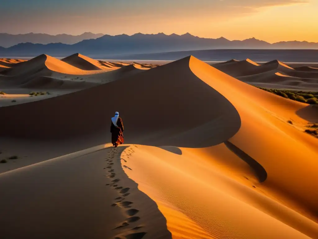 Un solitario caminante en vestimenta islámica contempla el atardecer en el desierto, transmitiendo enseñanzas a través de narrativas islámicas