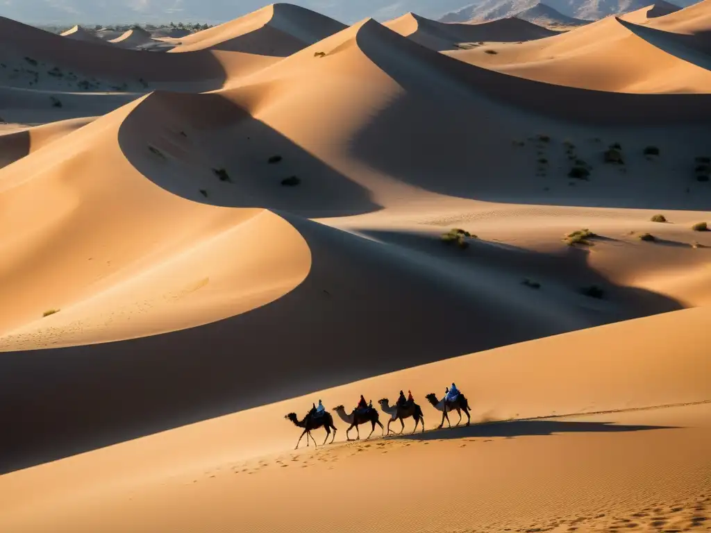 Un solitario convoy de camellos atraviesa dunas doradas en un paisaje desértico, evocando la espiritualidad beduina en el Islam