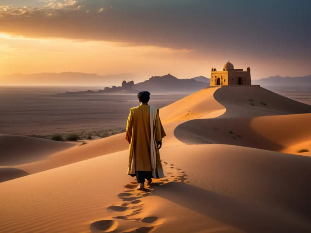 Un solitario Sufi en el desierto al atardecer, con ruinas antiguas y símbolos místicos, evocando la literatura sufí y la experiencia divina