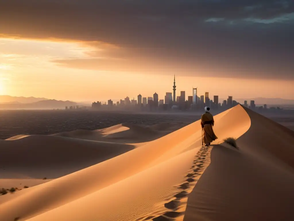 Un solitario figura contempla una ciudad lejana en el desierto al atardecer, evocando la poesía de la nostalgia en el Islam