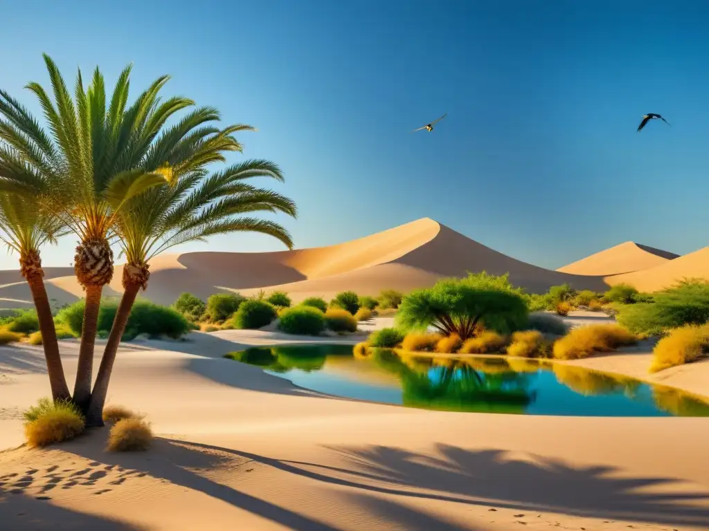 Sostenibilidad ambiental en civilizaciones islámicas: Oasis exuberante en el desierto con palmeras y aves entre dunas doradas