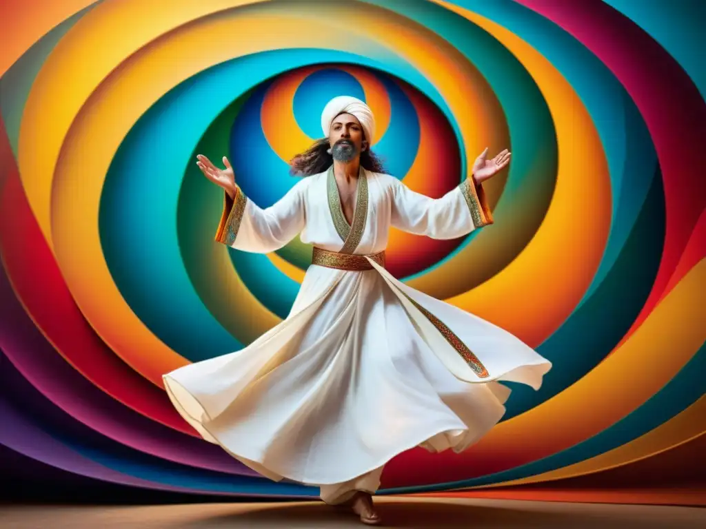 Un Sufi místico en un trance de danza, rodeado de colores vibrantes y patrones intrincados