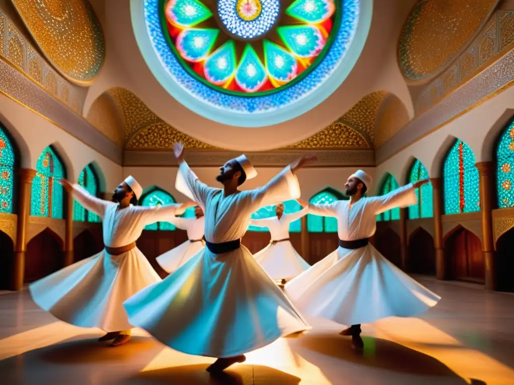 Sufismo y diversidad cultural islámica: Práctica de danza giratoria sufi en una mezquita bellamente decorada, transmitiendo serenidad espiritual