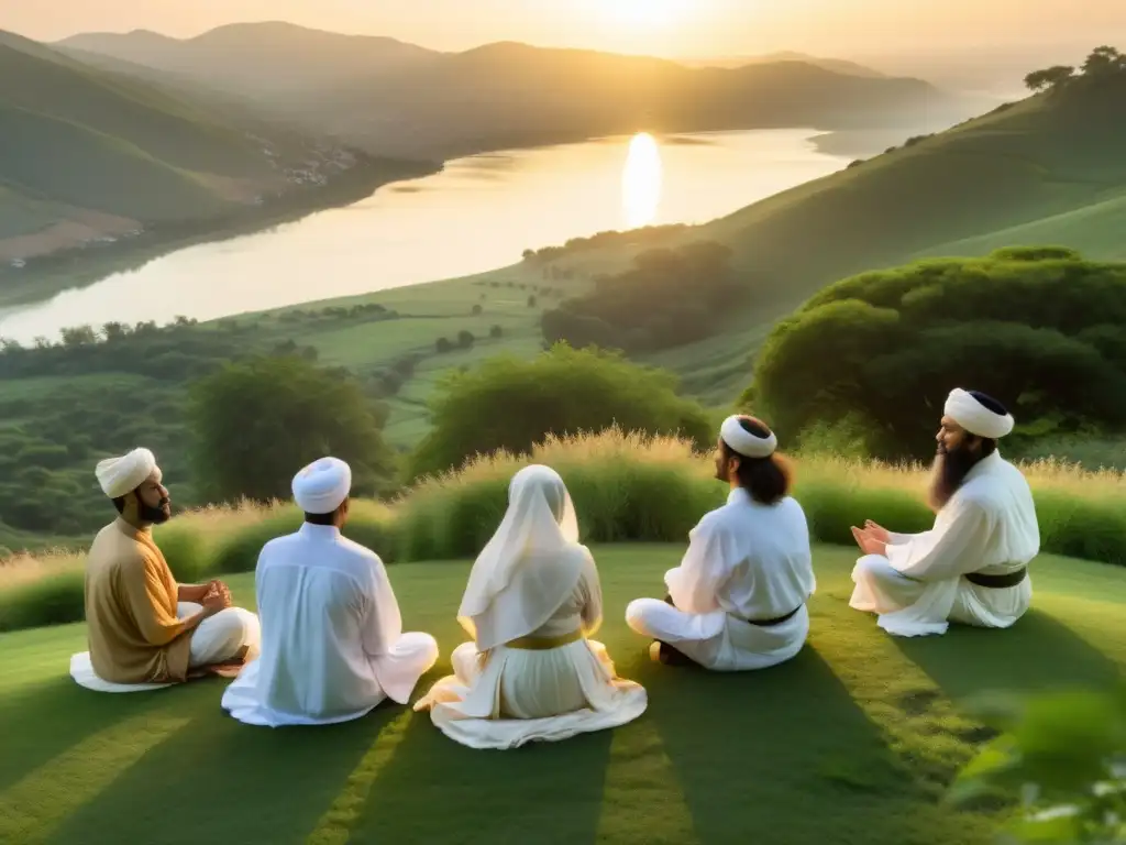 Sufismo en el siglo XXI: Practicantes Sufíes en meditación al atardecer en la naturaleza, reflejando serenidad y conexión espiritual