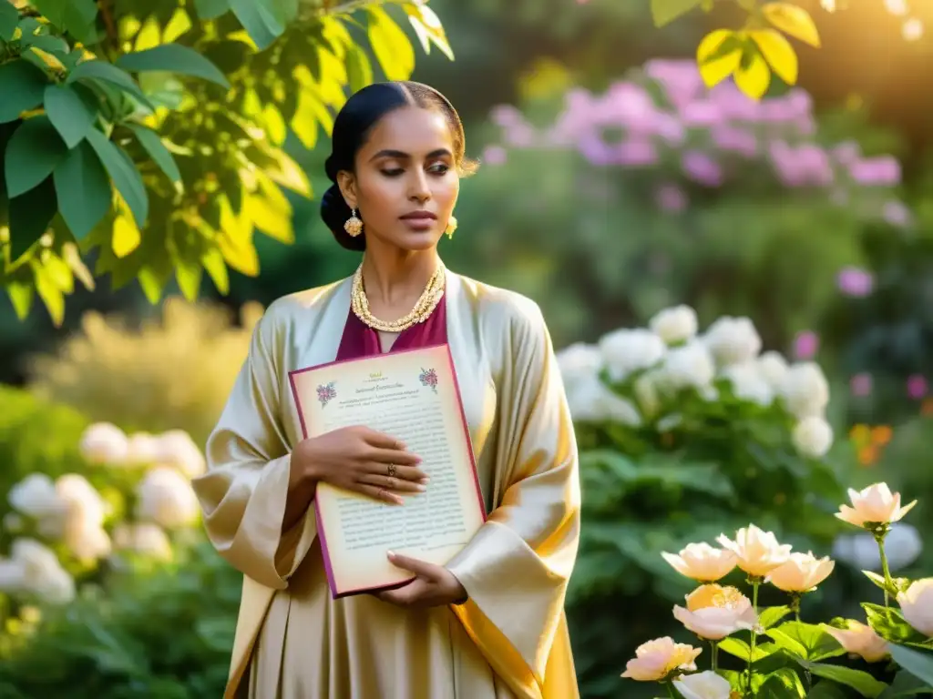 Sukayna bint Hussein, pionera del pensamiento islámico, en un jardín vibrante con flores y verdor, irradiando gracia y sabiduría