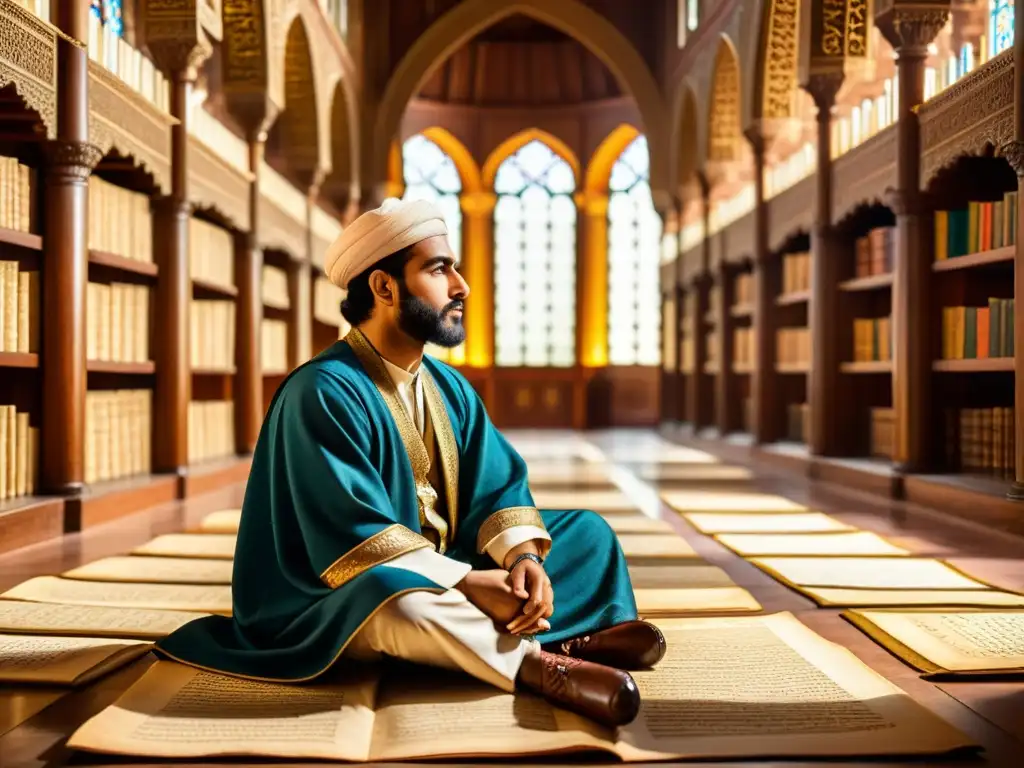 Ibn Hazm sumergido en la lectura en una biblioteca antigua, rodeado de manuscritos