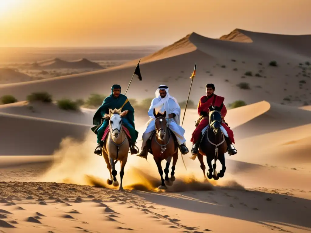 Tácticas beduinas en conquistas islámicas: jinetes atraviesan el desierto al atardecer, con sus túnicas coloridas ondeando al viento