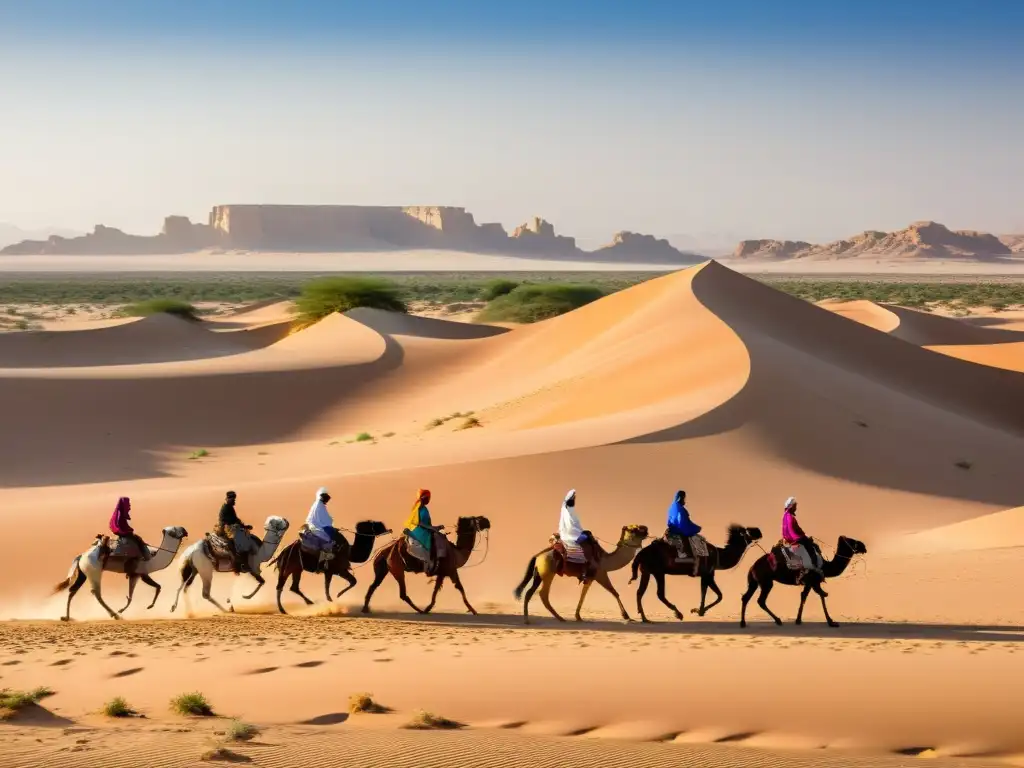 Tácticas beduinas conquistas islámicas: paisaje desértico con dunas, jinetes y camellos, bajo cielo azul y luz dorada