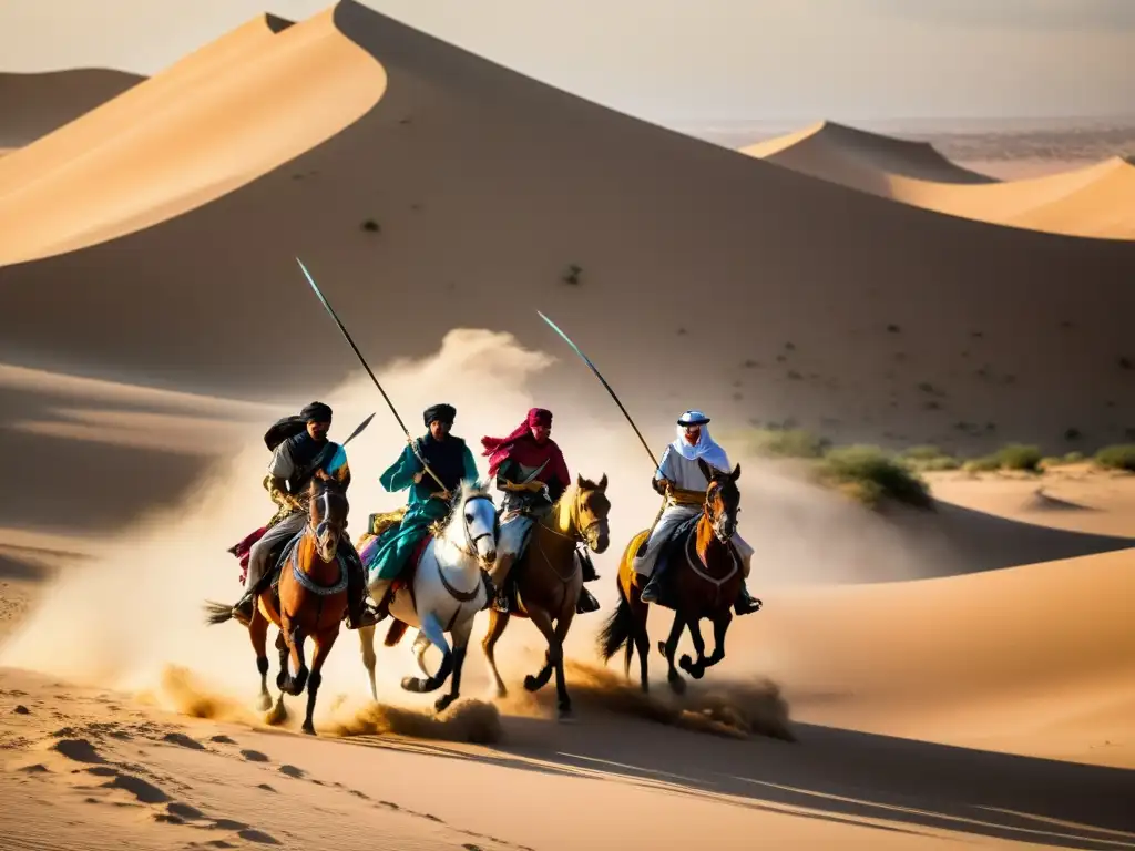 Tácticas beduinas conquistas islámicas: Guerreros a caballo en el desierto, con túnicas coloridas al viento, ondeando lanzas y espadas