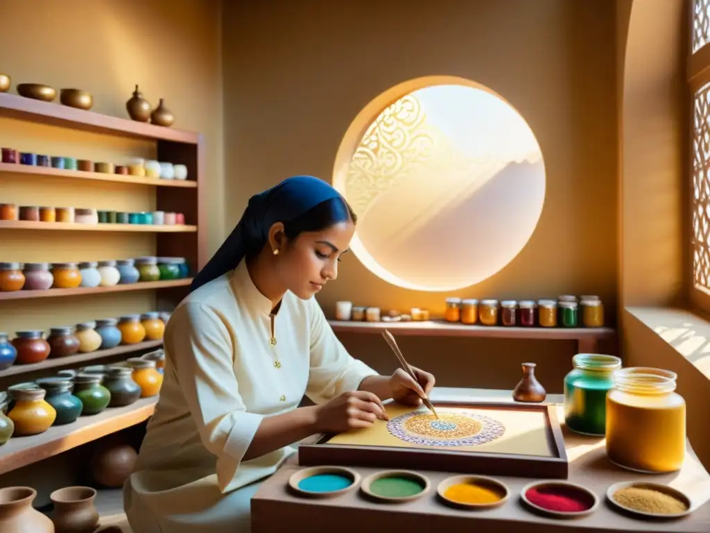 Un taller de pintura islámica bañado en cálida luz dorada