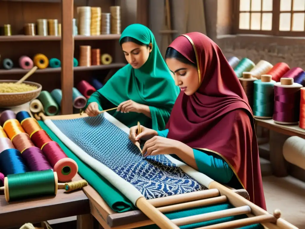 Un taller textil islámico tradicional, con artesanos creando patrones en telas vibrantes