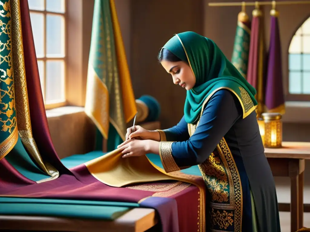 Un taller de textiles islámicos rebosante de colores y patrones vibrantes, con artesanos meticulosos creando diseños exquisitos