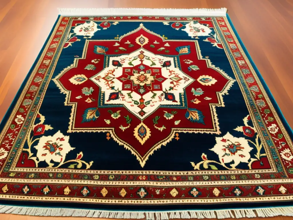 Un tapiz persa intrincado y vibrante con poesía, simbolismo y arte islámico, iluminado por la cálida luz del sol