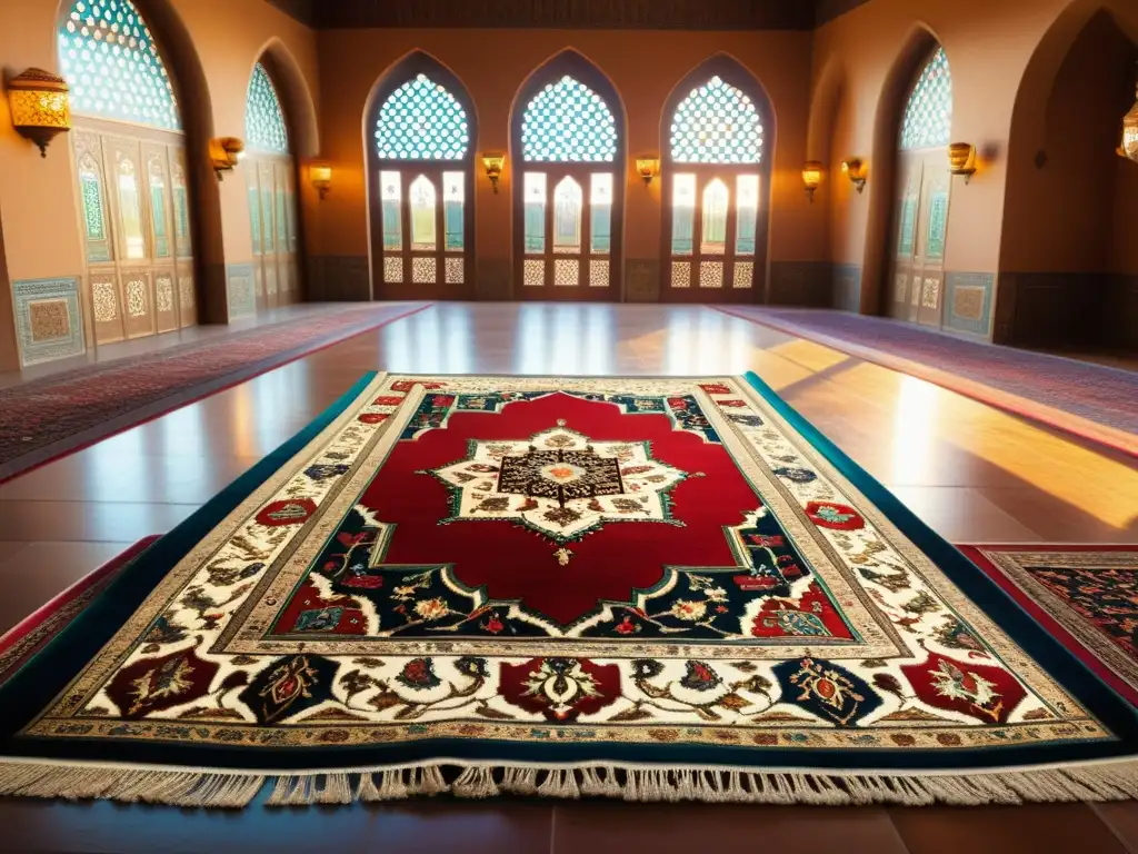 Un tapiz persa con símbolos de poesía y arte islámico, exhibido en una habitación ornamental con arquitectura persa tradicional