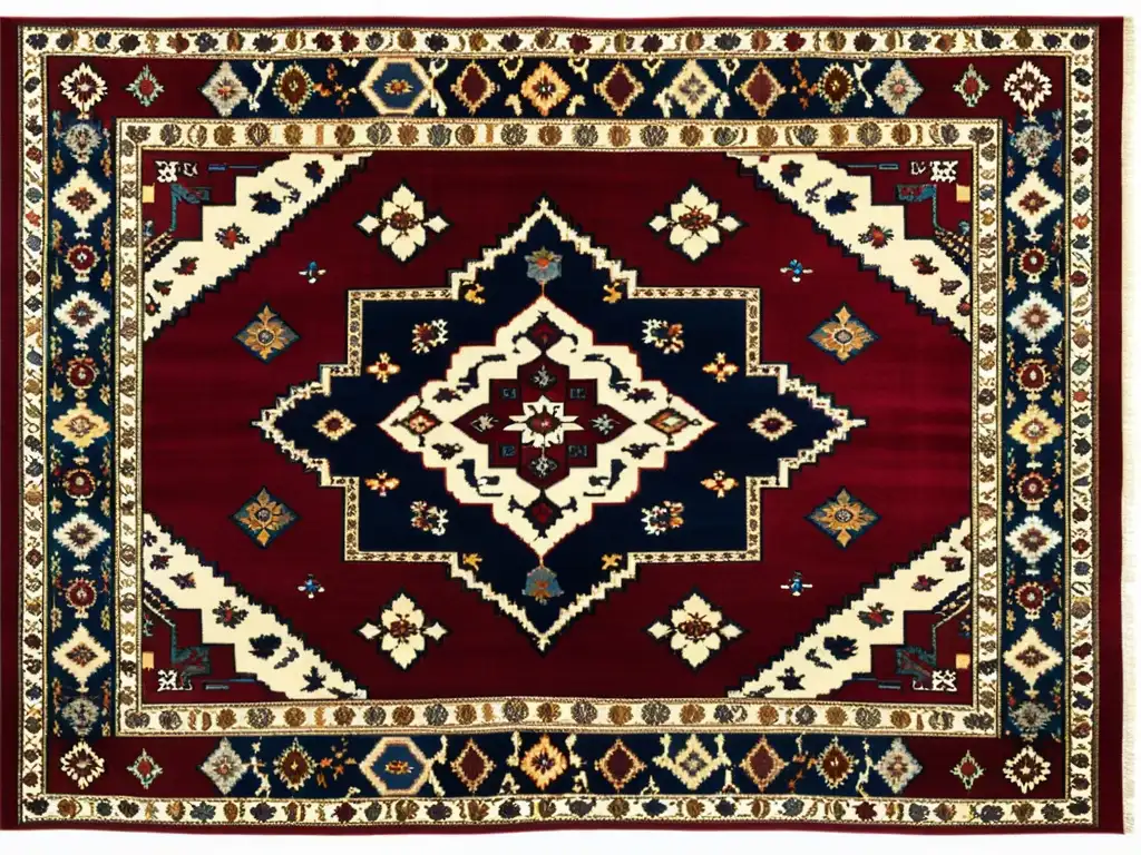 Un tapiz persa tradicional con patrones florales y geométricos, colores vibrantes como rojos, azules y dorados, y motivos inspirados en la naturaleza