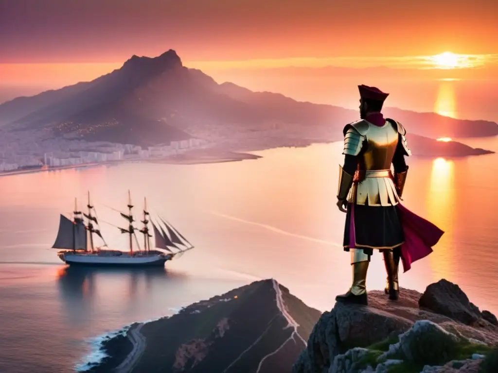 Tariq ibn Ziyad en el acantilado frente al Estrecho de Gibraltar al atardecer, listo para las Conquistas de Tariq ibn Ziyad historia