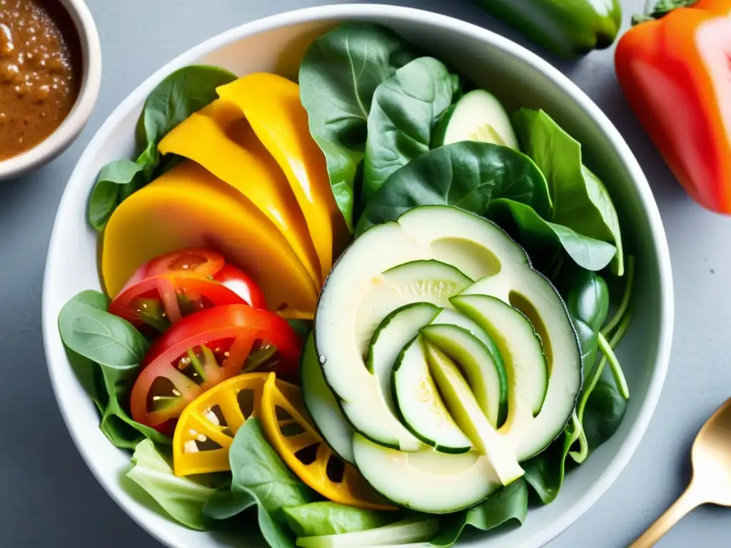 Un tazón vibrante lleno de ensalada fresca y aderezos halal para ensalada, con ingredientes coloridos y un aderezo brillante y apetitoso