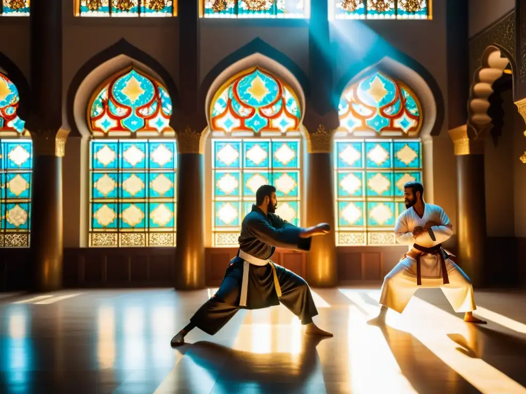 Técnicas ancestrales de combate en el Islam: Espectacular combate de artistas marciales en una majestuosa mezquita, con luz filtrada y ropas ondeando