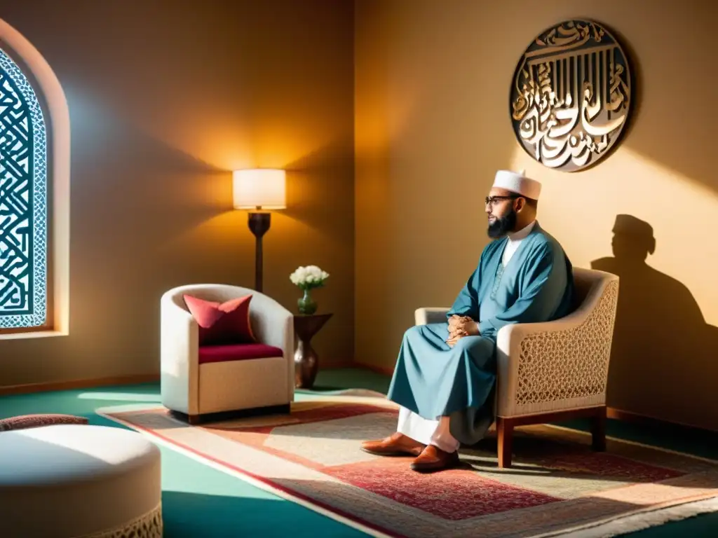 Terapias mentales en la tradición islámica: Escena serena de un consejero y paciente en una sala bellamente decorada, creando confianza y empatía