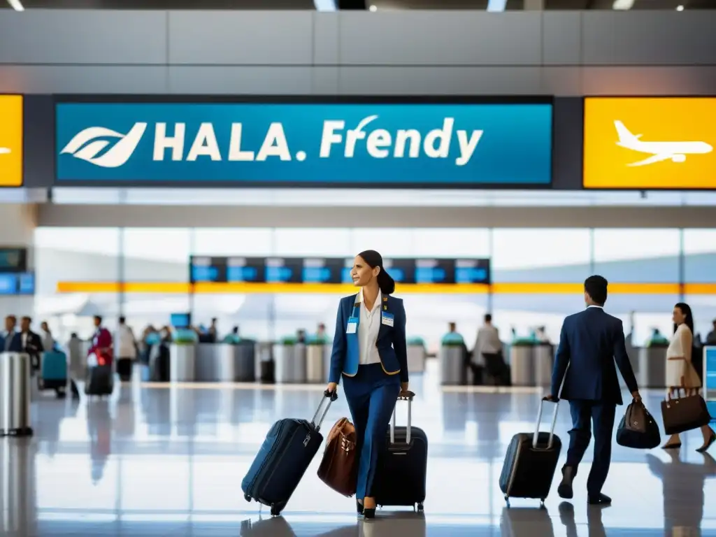 Terminal ajetreado de aeropuerto con aerolínea halal, personal profesional y moderno avión