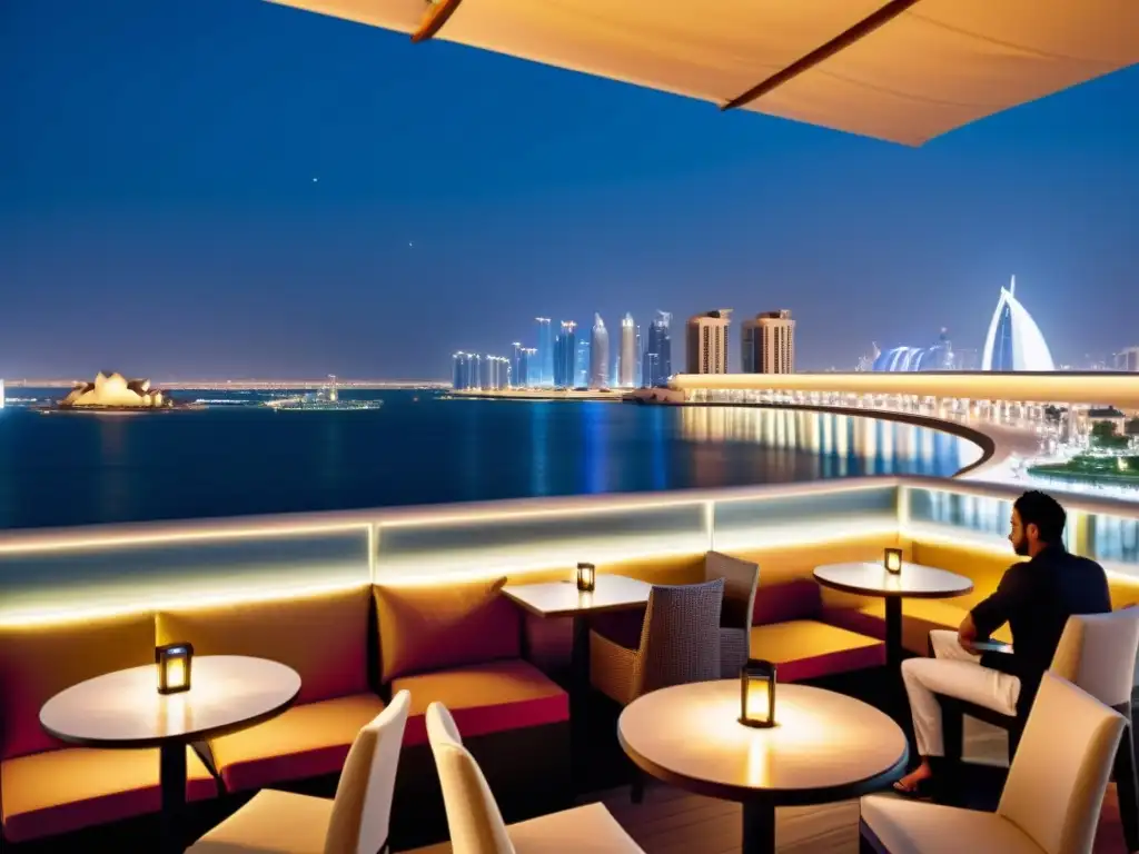 Terraza elegante del restaurante Torotoro Doha con vistas urbanas nocturnas