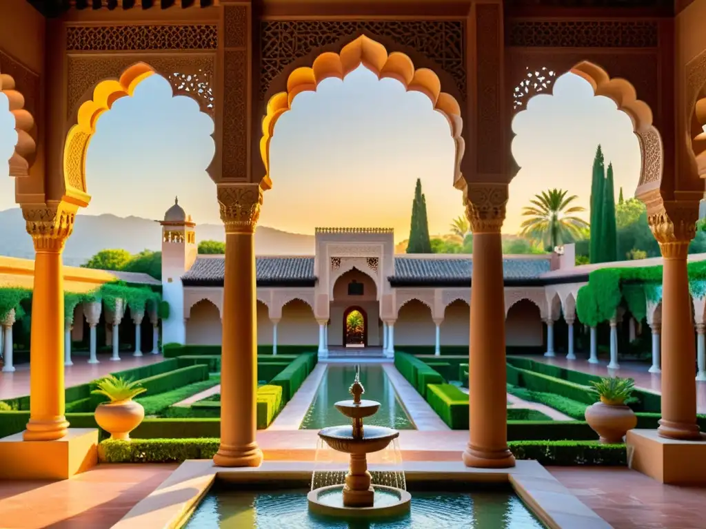 Testimonios poéticos caída Granada: Alhambra al atardecer, con arquitectura islámica, jardines exuberantes y luz dorada