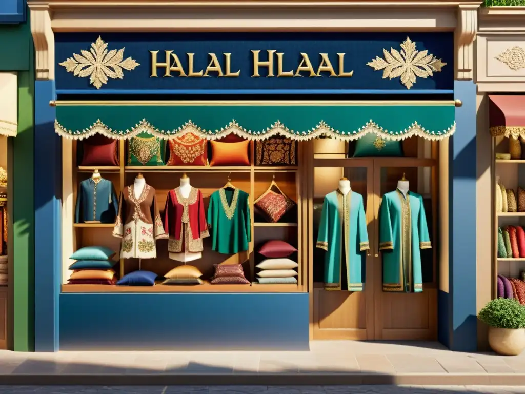 Una tienda de ropa tradicional en un bullicioso mercado, con vibrantes textiles en colores Halal auténticos