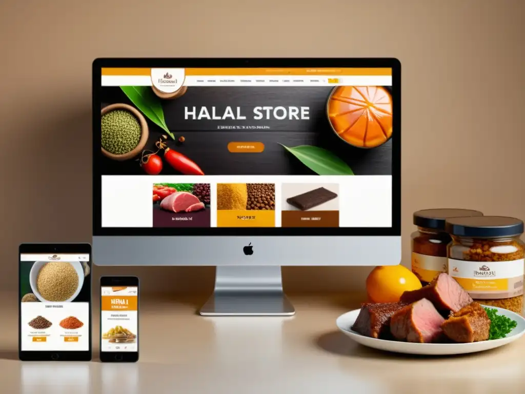 Tiendas Halal favoritas reseñas usuarios: Imagen realista de una tienda online Halal moderna y atractiva, con productos y diseño acogedor