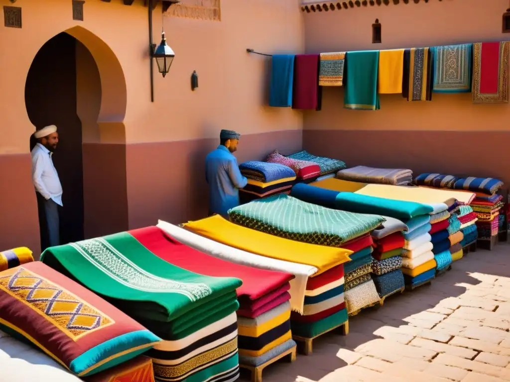 Tiendas de moda islámica en Marrakech, Marruecos, con textiles coloridos y diseños tradicionales en un bullicioso mercado