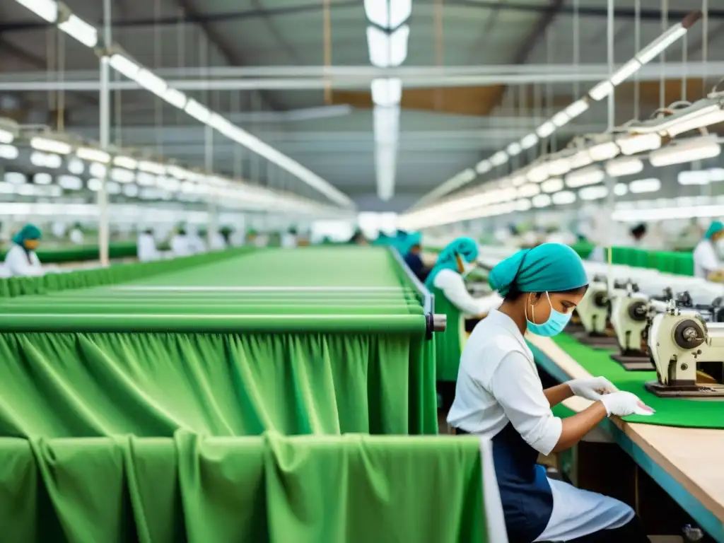 Trabajadores en fábrica de ropa halal, compromiso sostenible con el medio ambiente, rodeada de exuberante vegetación