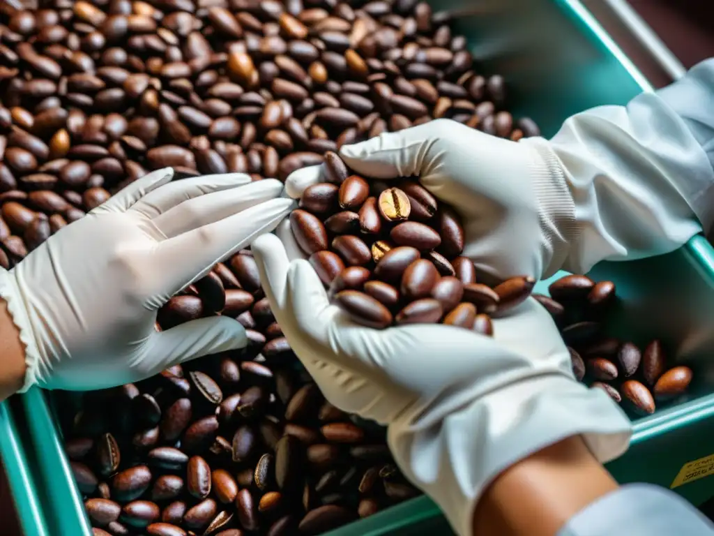 Trabajadores inspeccionan granos de cacao para chocolate Halal de granos seleccionados en una instalación bien iluminada