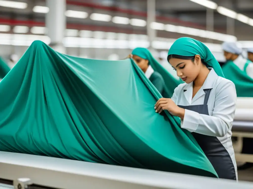 Trabajadores inspeccionando meticulosamente materiales halal para ropa islámica en fábrica textil, reflejando precisión y dedicación